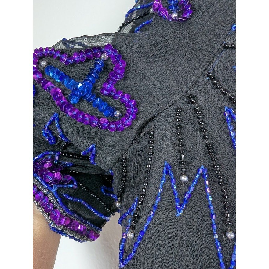 Vintage 90s 100% Silk Beaded Sequin Dress Size 8 Knee Length Glam Fireworks Prom
