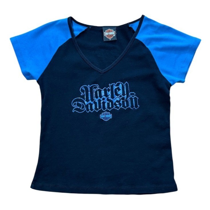 Vintage Y2K Harley Davidson Sturgis Dakota Biker Raglan V-Neck Glitter T-shirt