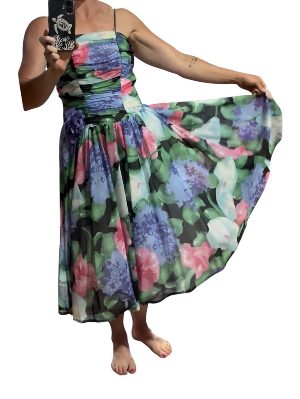 Vintage 80s Floral Chiffon Dress Open Back Fit Flare Party Prom 6 Small