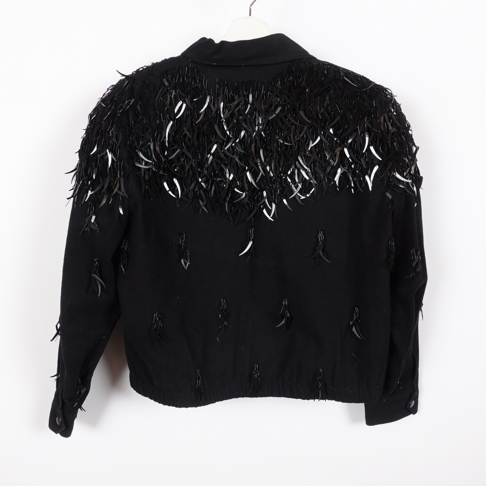 Vintage Modi Denim Feather Sequin Jacket Women Size Large Black Beaded Fringe