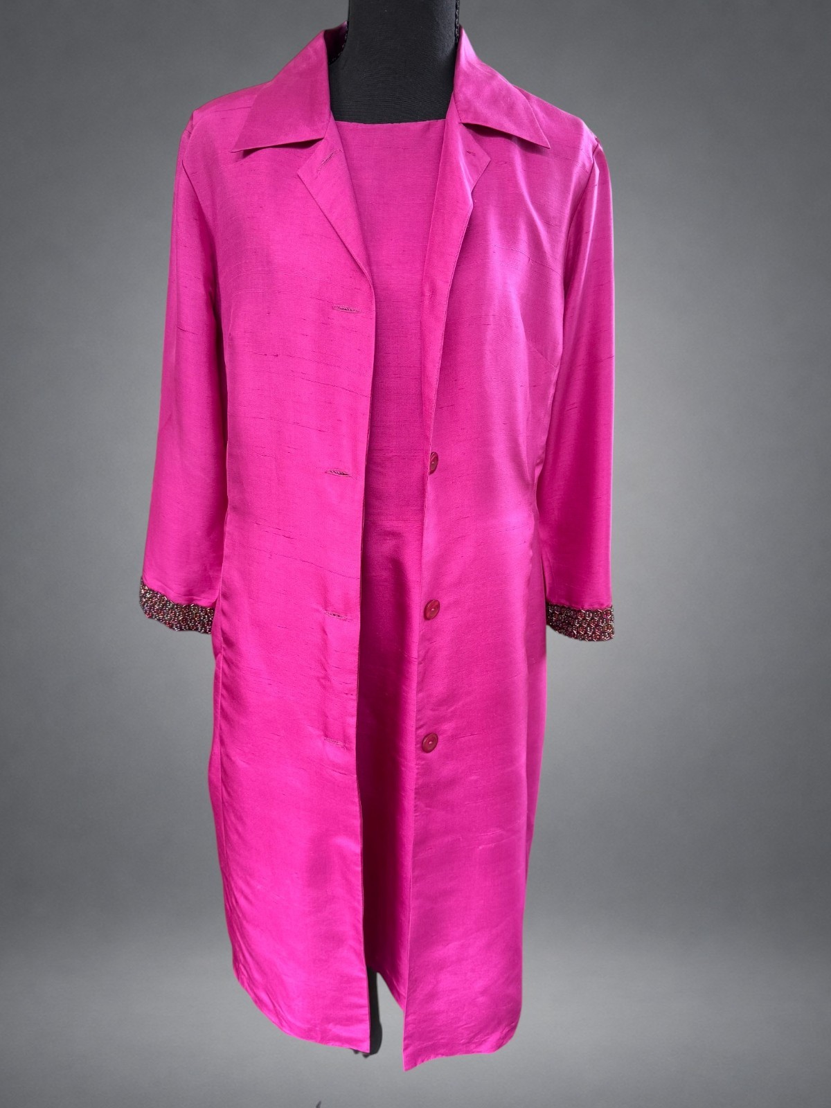 Vintage Silk Dress Jacket Set Women’s 10 Fuchsia Beaded Cuffs