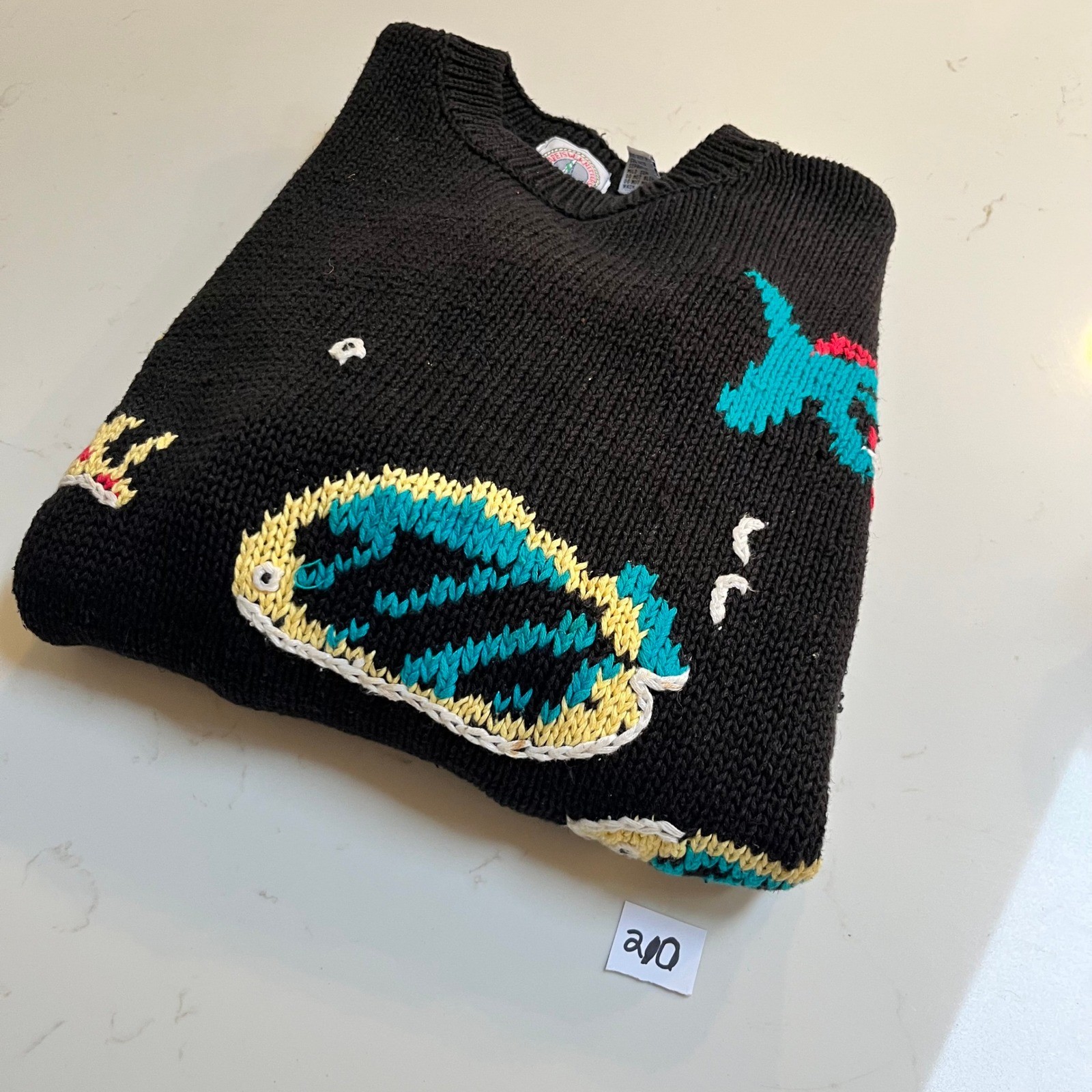 Cape Isle Knitters Vintage Tropical Fish Coral Reef Black Ramie Cotton Sweater L