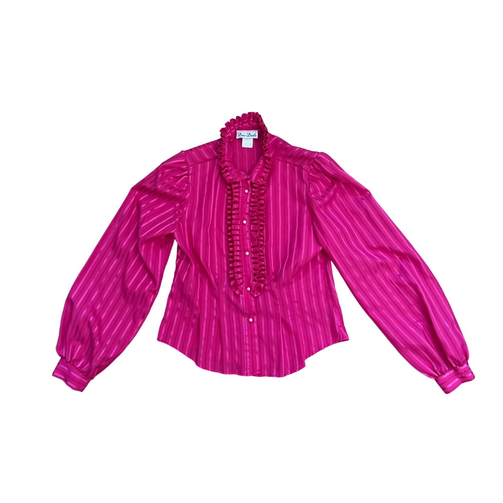 Vtg victorian Hot Pink Satin Stripe Ruffle Neck Blouse S Bishop Sleeve