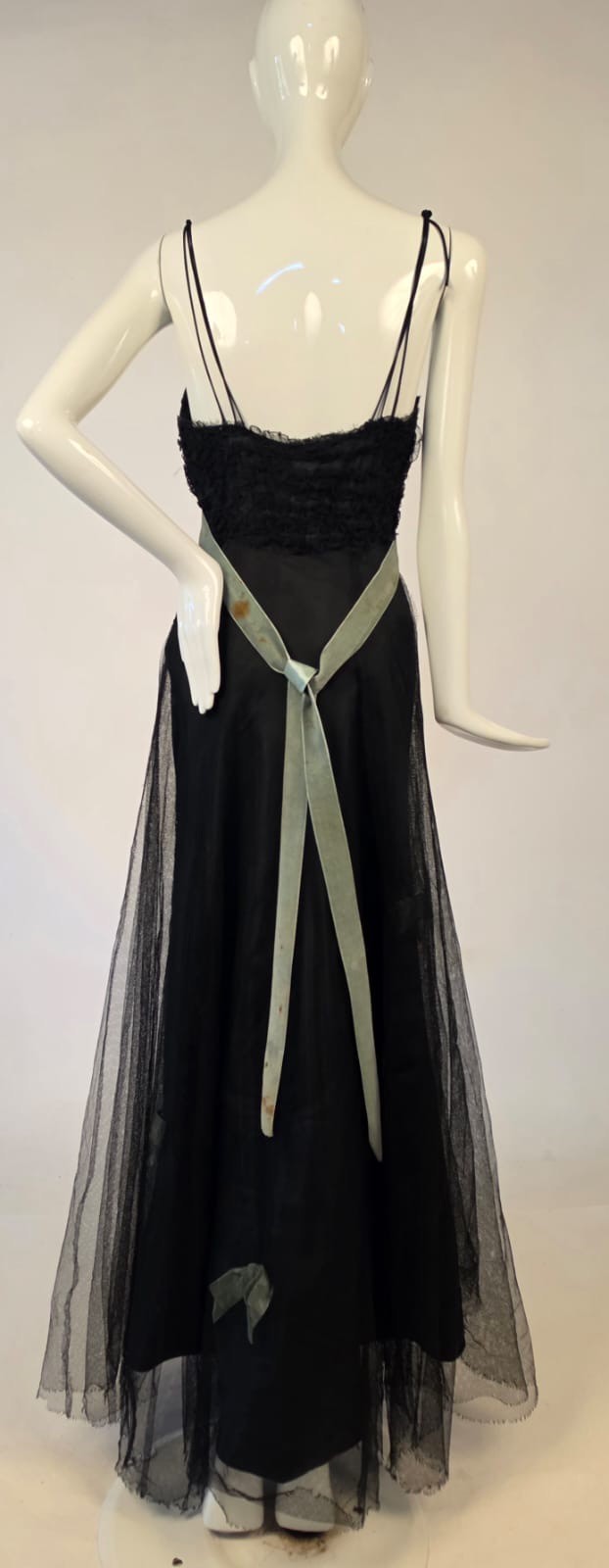 ANTIQUE 1930’S BLACK NET + RUFFLE LONG DRESS W TAFFETA LINING + VELVET TRIM