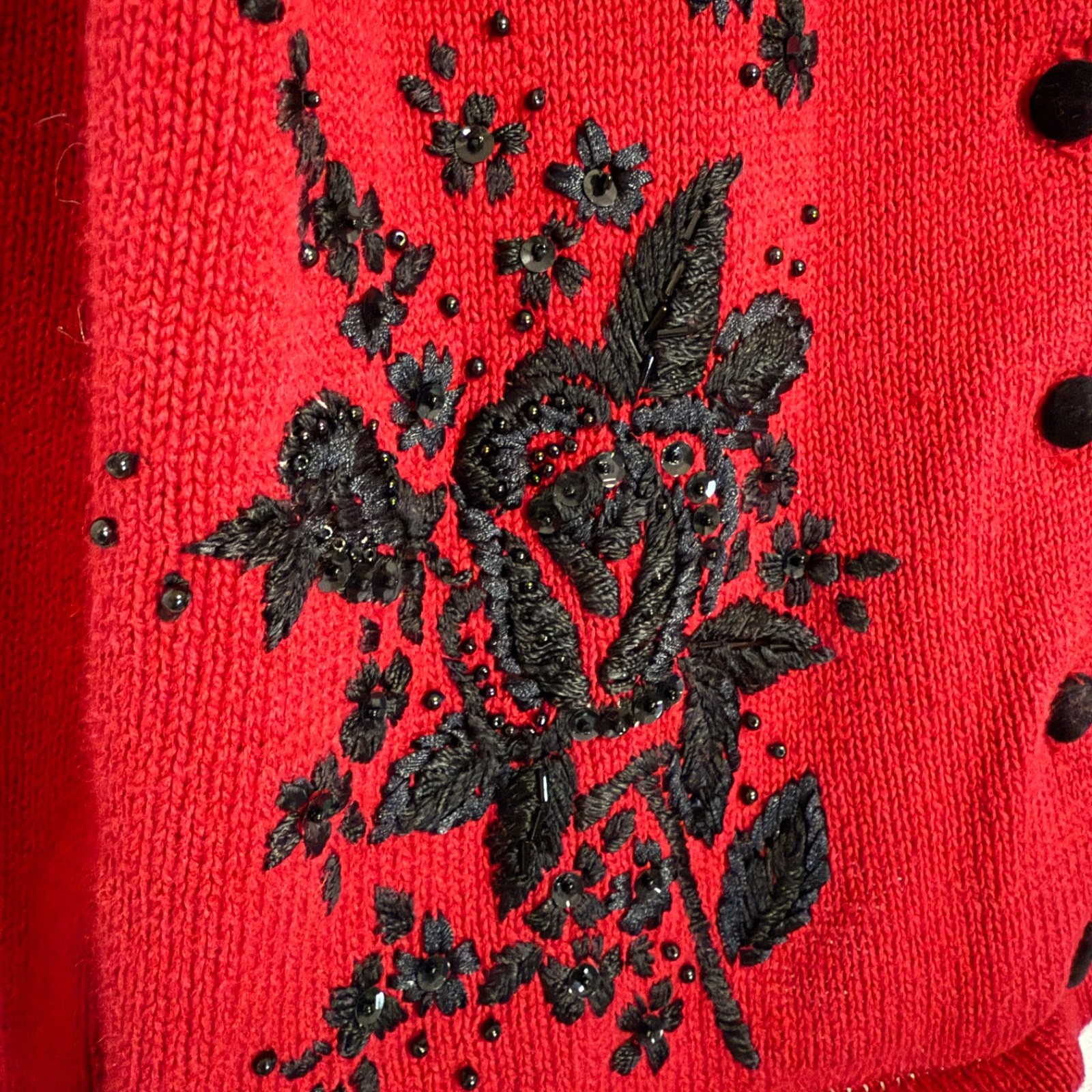 Vintage 90s Red Pinup Cardigan With Black Floral Embroidery and Beading Size M