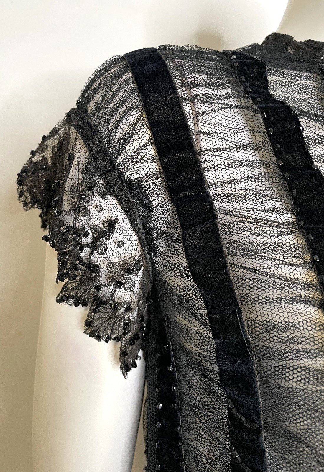 Antique 20s Black Beaded Lace Jacket S M Overlay Evening Edwardian Victorian