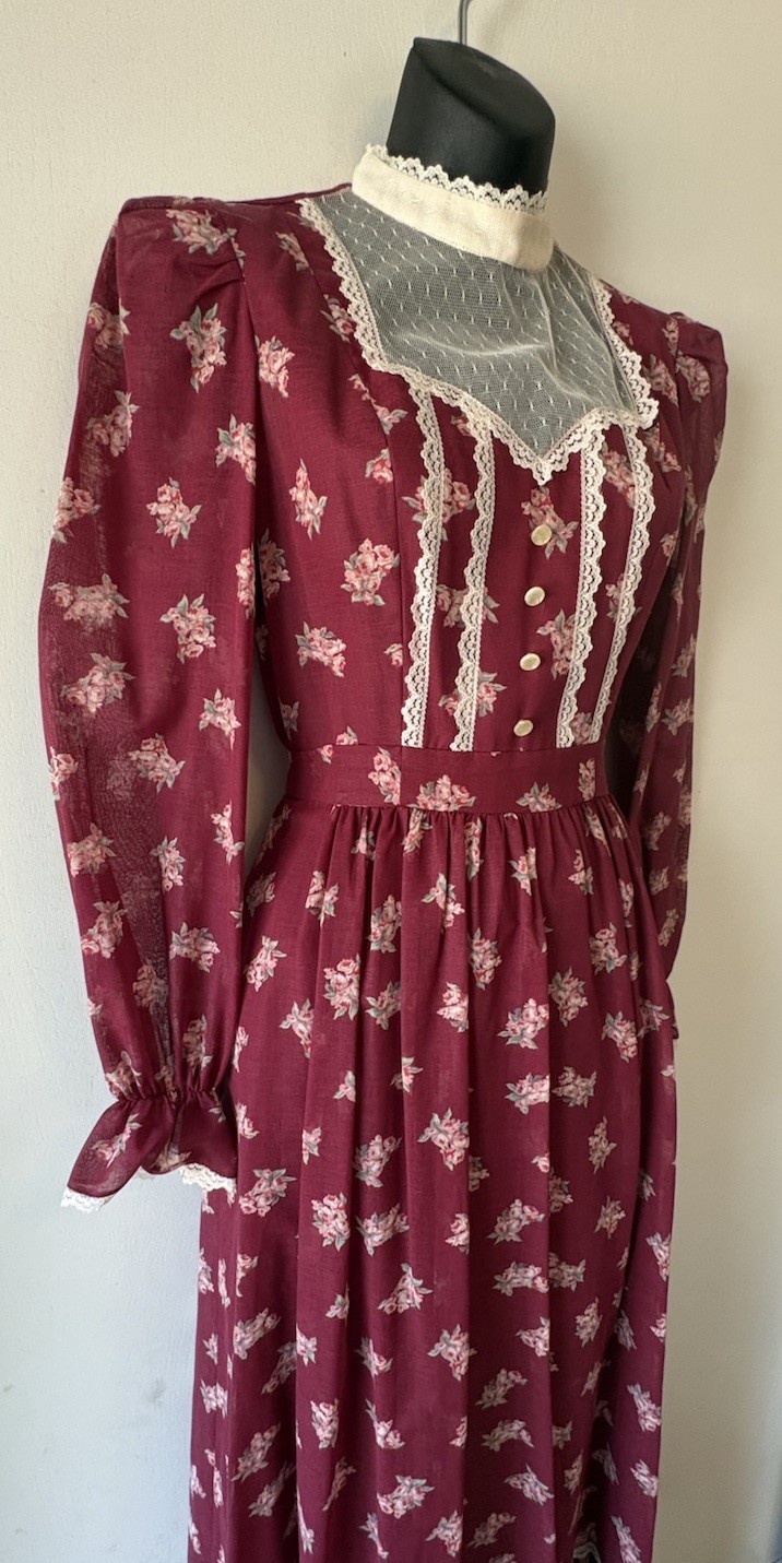 VTG Candi Jones California Prairie Dress High Neck Maxi Cottagecore Lace SZ 2/4