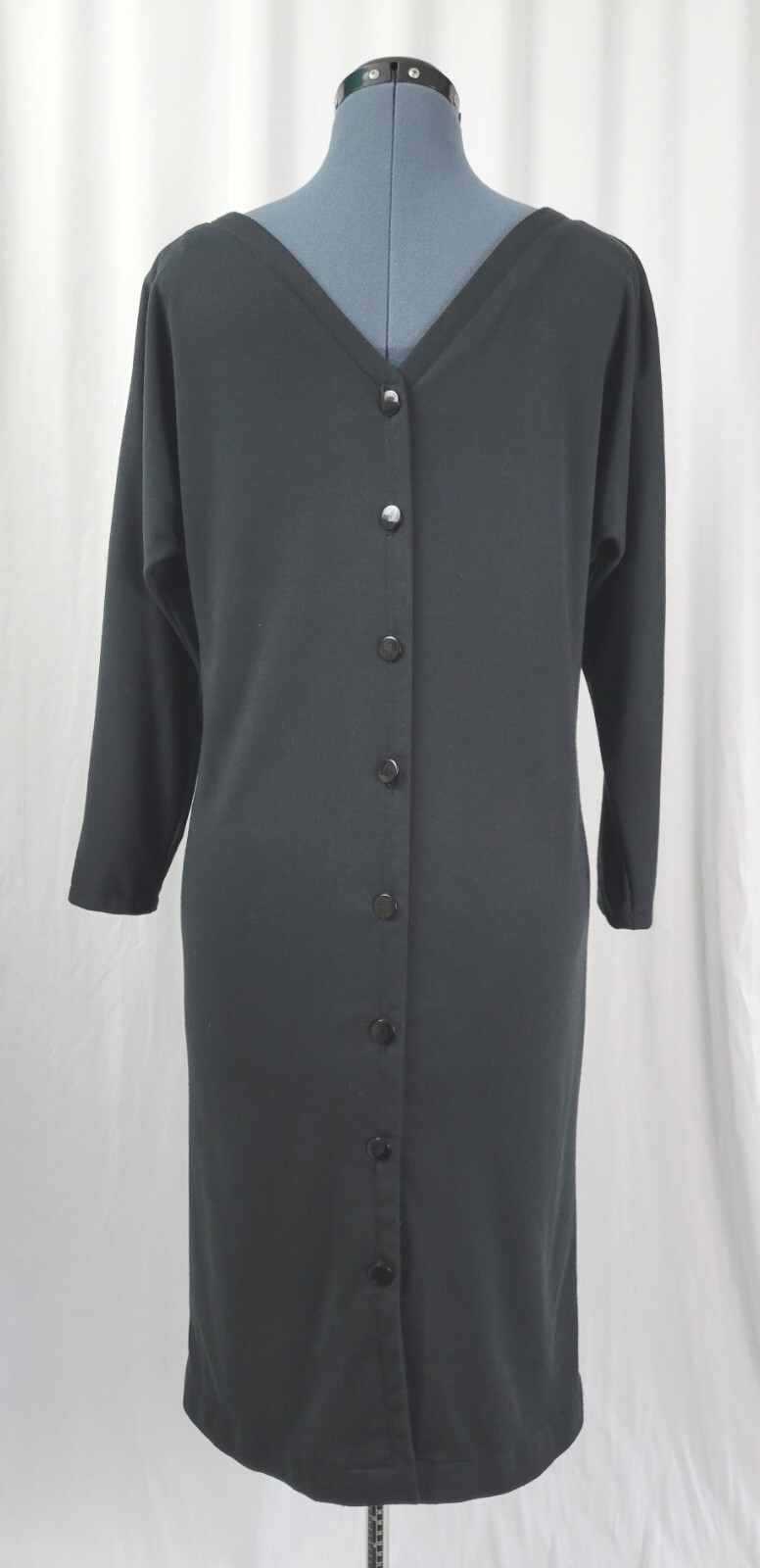 Vtg New Raves Black Knit Back Button Down Shift Dress w Batwing Sleeves Size S?