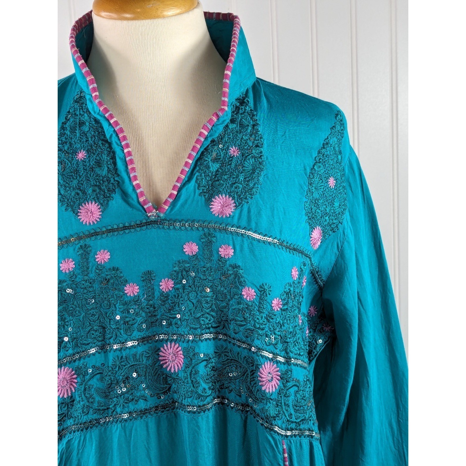 Sha Posh Maxi Dress Womens Size L Floral Embroidered Sequins Grannycore Y2K Teal