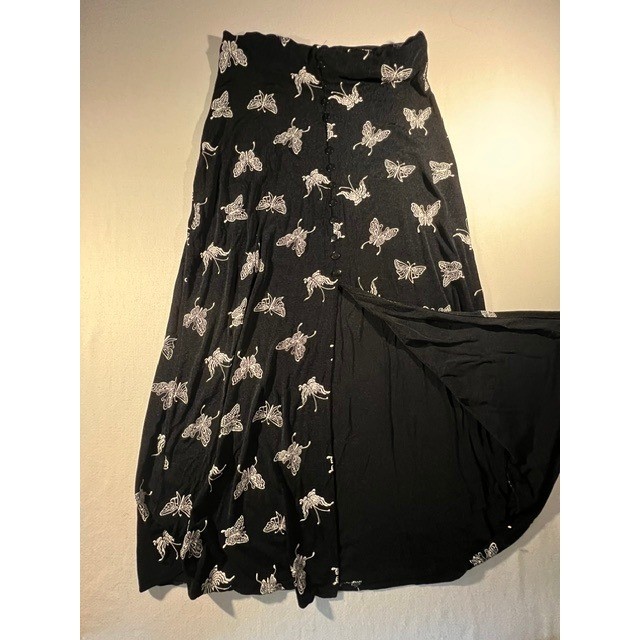 Vintage 90s ES-SE Butterfly Print Slinky Maxi Skirt Black & White Size 6