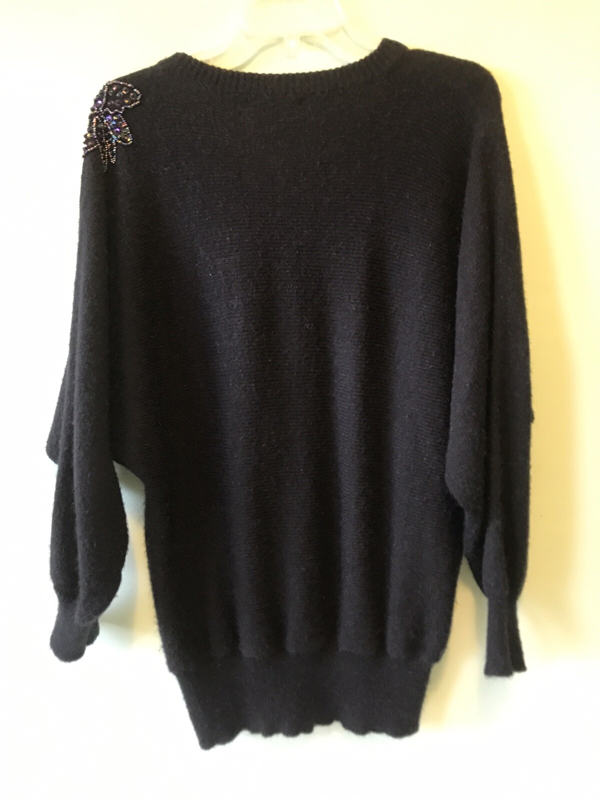 True Vintage 1980s Cyn Les Shirlee Designs Black Beaded Batwing Sweater Large