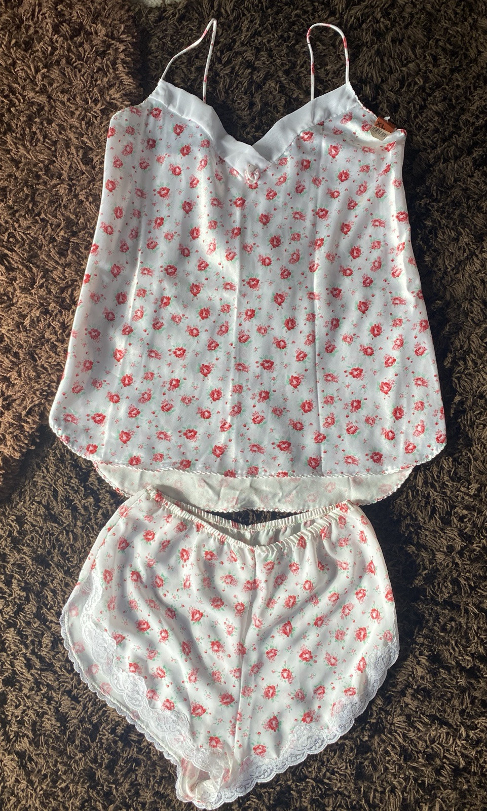 Vintage POLLINAISE 2pc Babydoll Top And Shorts PJ Set Roses Design XL L NWT