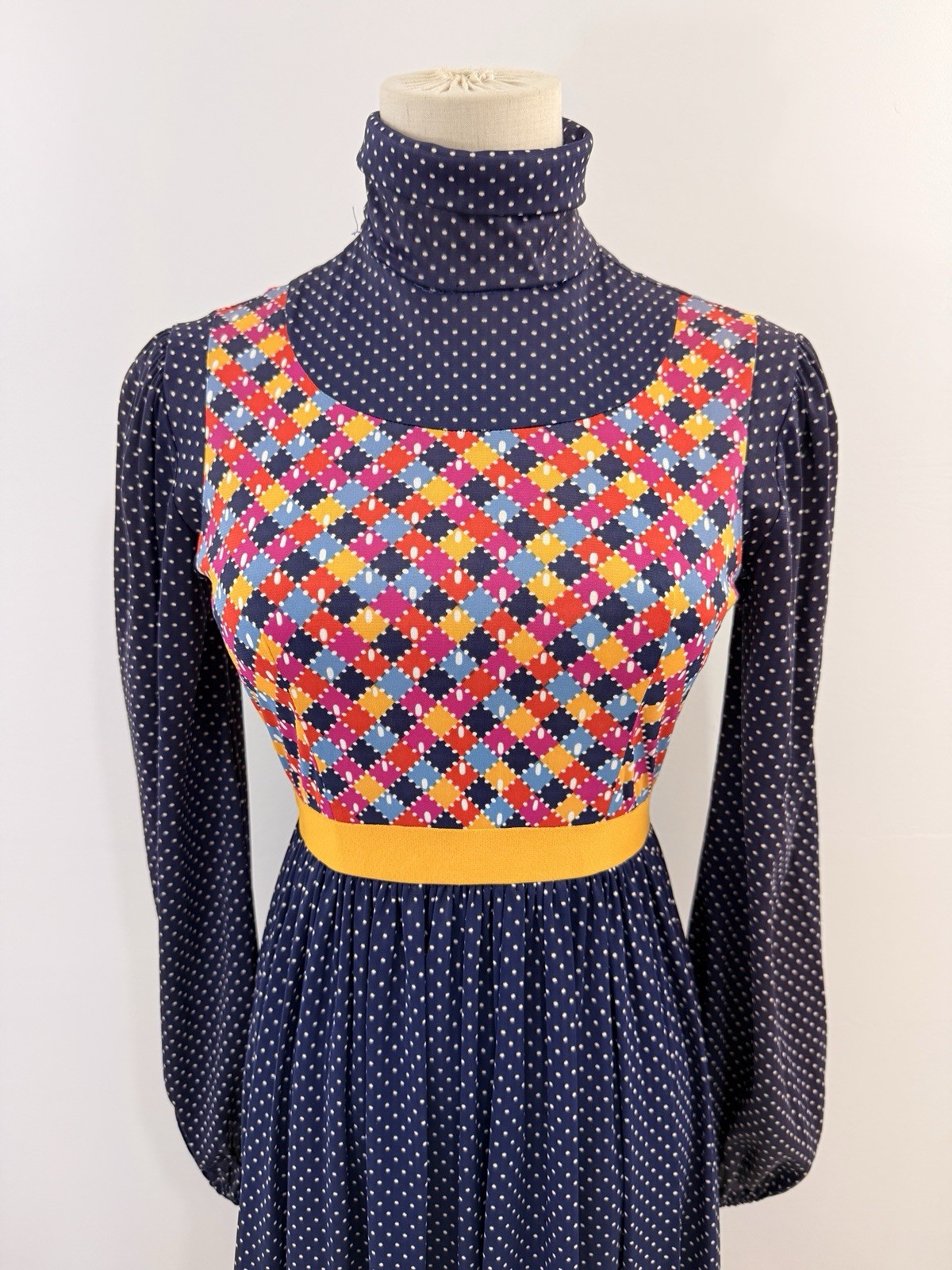 Jonathan Logan 70s VTG Navy Maxi Dress Microdot Faux Patchwork L/S Retro Boho
