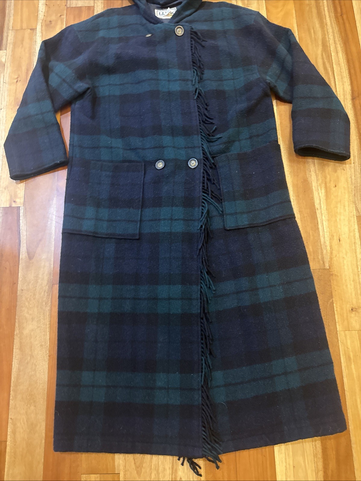 VTG 80s L.L. Bean Plaid Tartan Green Multi Fringe Wool Coat Hood Womens Large