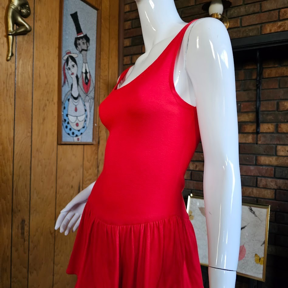 Vintage 80s New Wave Punk Cherry Red Tiered Ruffle Skirt Tank Top Day Dress M