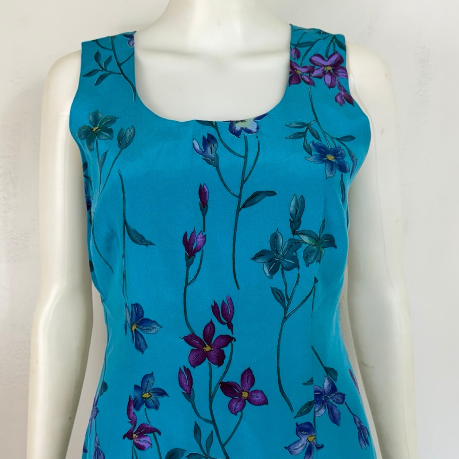 Vintage Bright Blue Floral Silk Dress Size Small 90s Sleeveless Midi Sundress