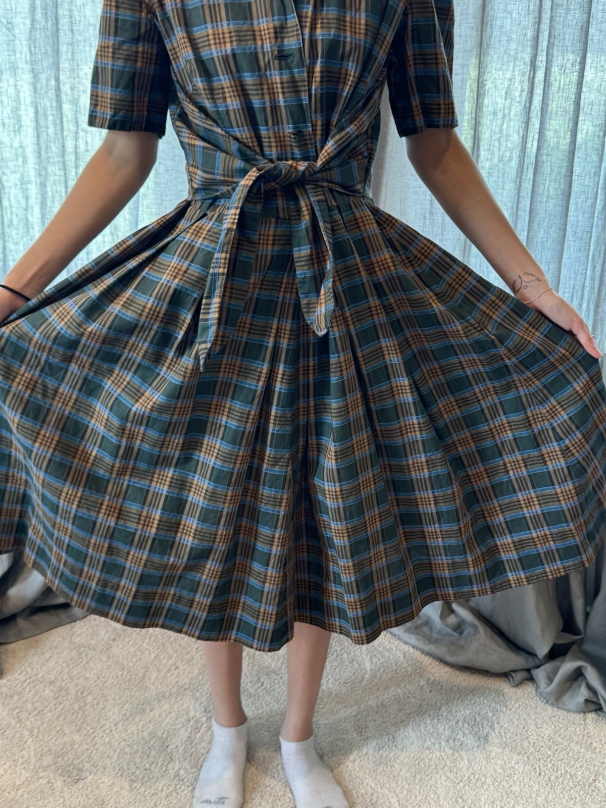 Vtg 50s Plaid Cotton Shirtwaist Dress Full Pleated Skirt M