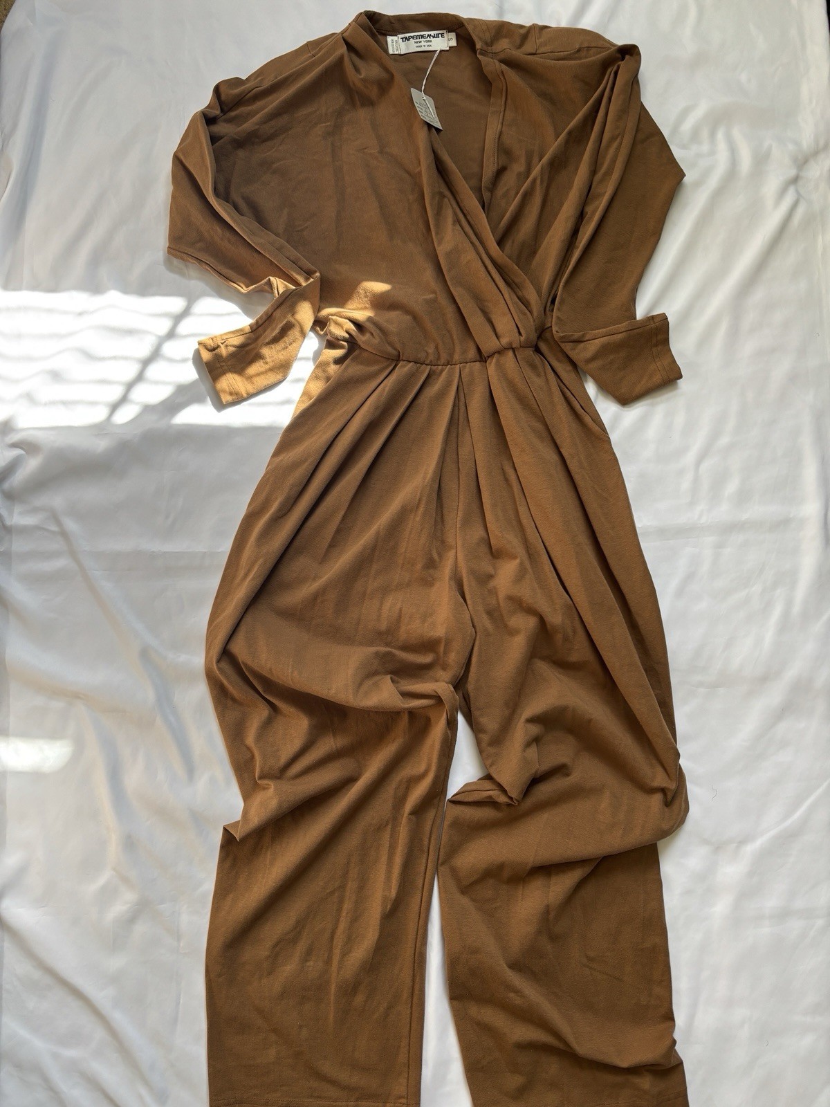 Vtg Wrap Jumpsuit Sz S USA Made Long Sleeves Pockets Cotton Elastic Waist Romper