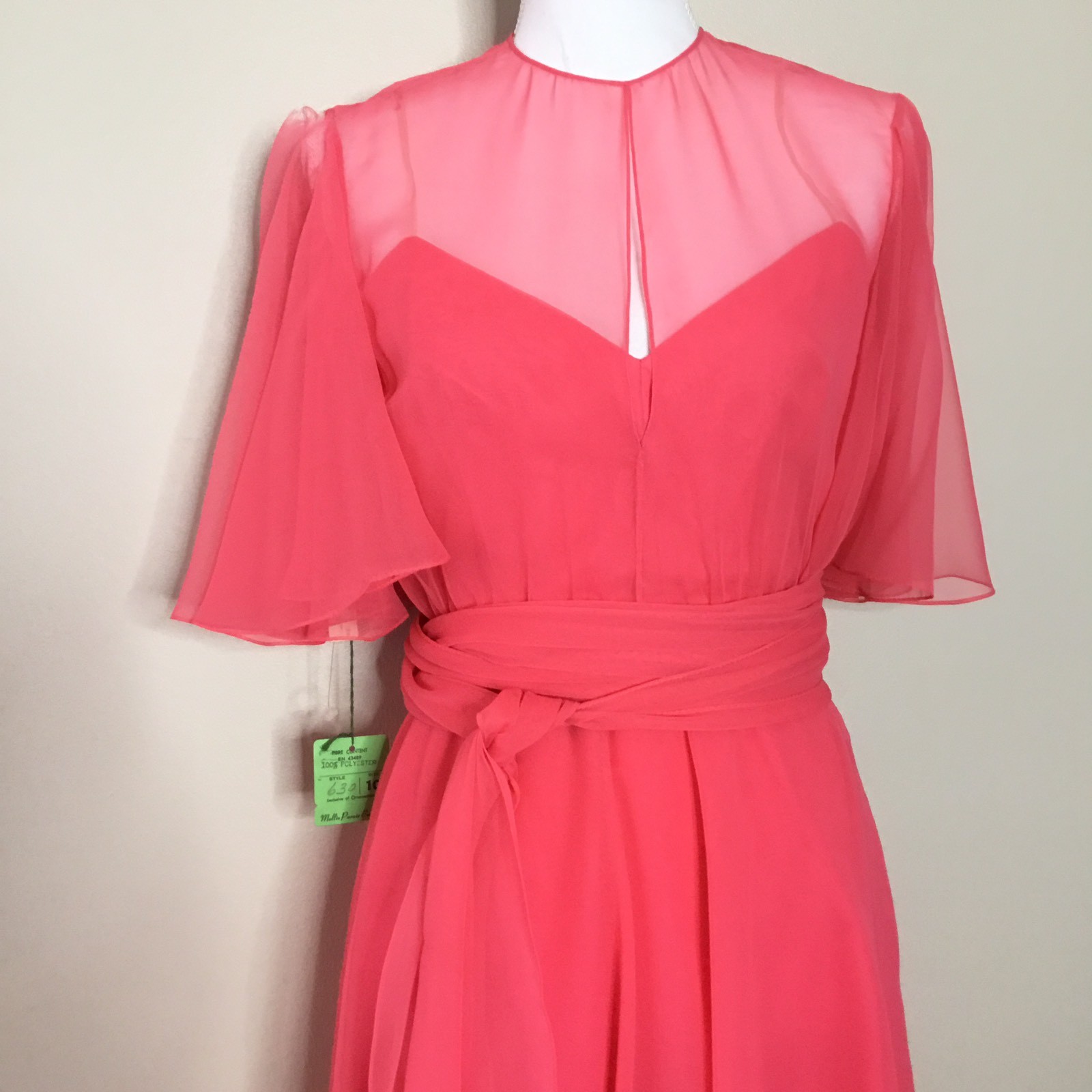 Vtg Mollie Parnis Boutique Womens Dress Sz 10 Coral Pink Chiffon Flowing Sheer