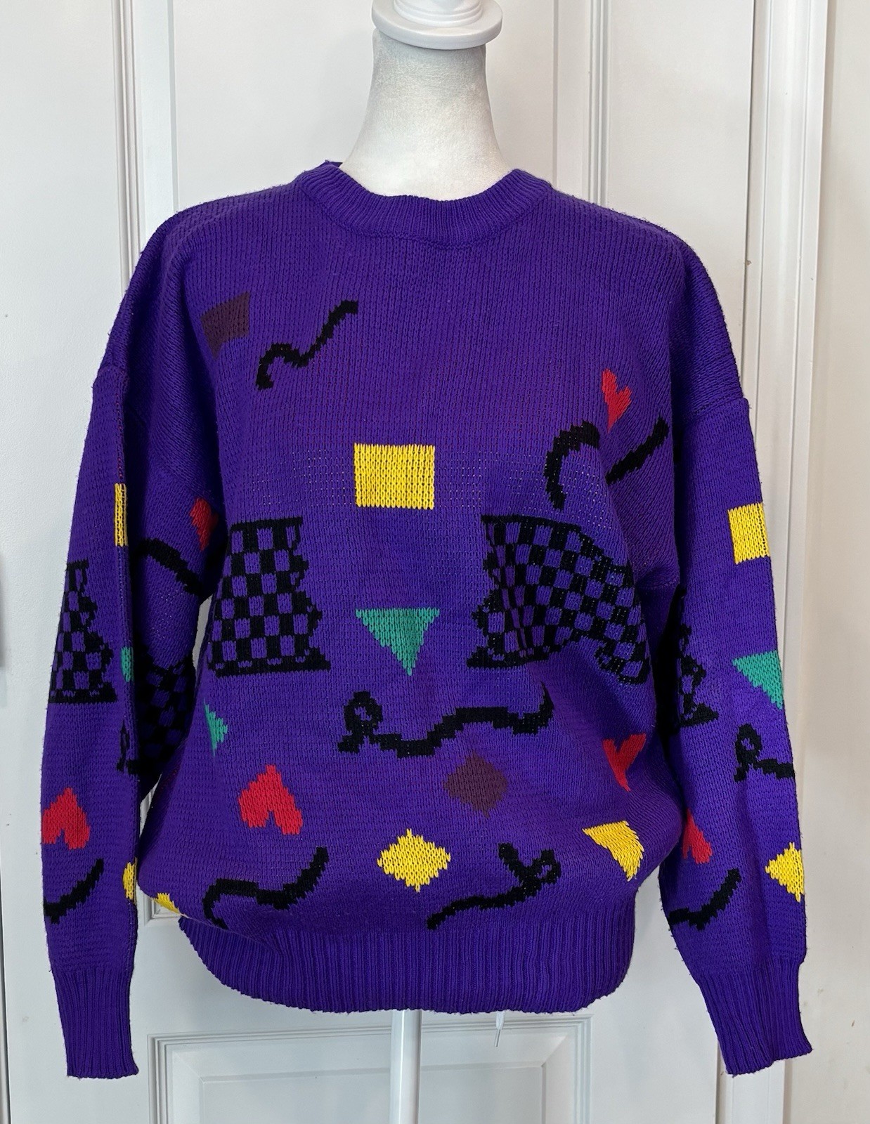 Vintage 80s Chateau Sweater M Purple Abstract Geometric Novelty Knit Colorblock