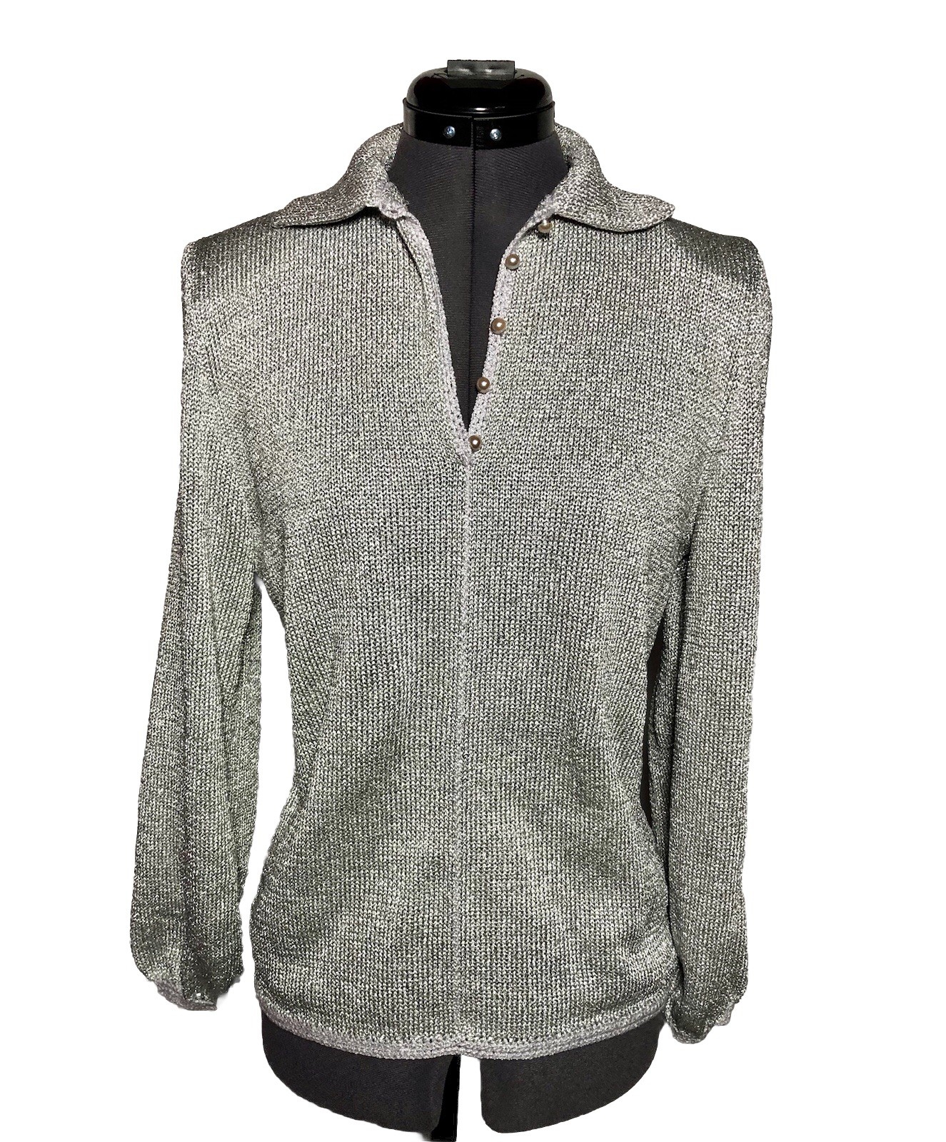 Vintage 1960s Lurex Sweater Silver Metallic Pearl Buttons Glamour Disco Mod B-39