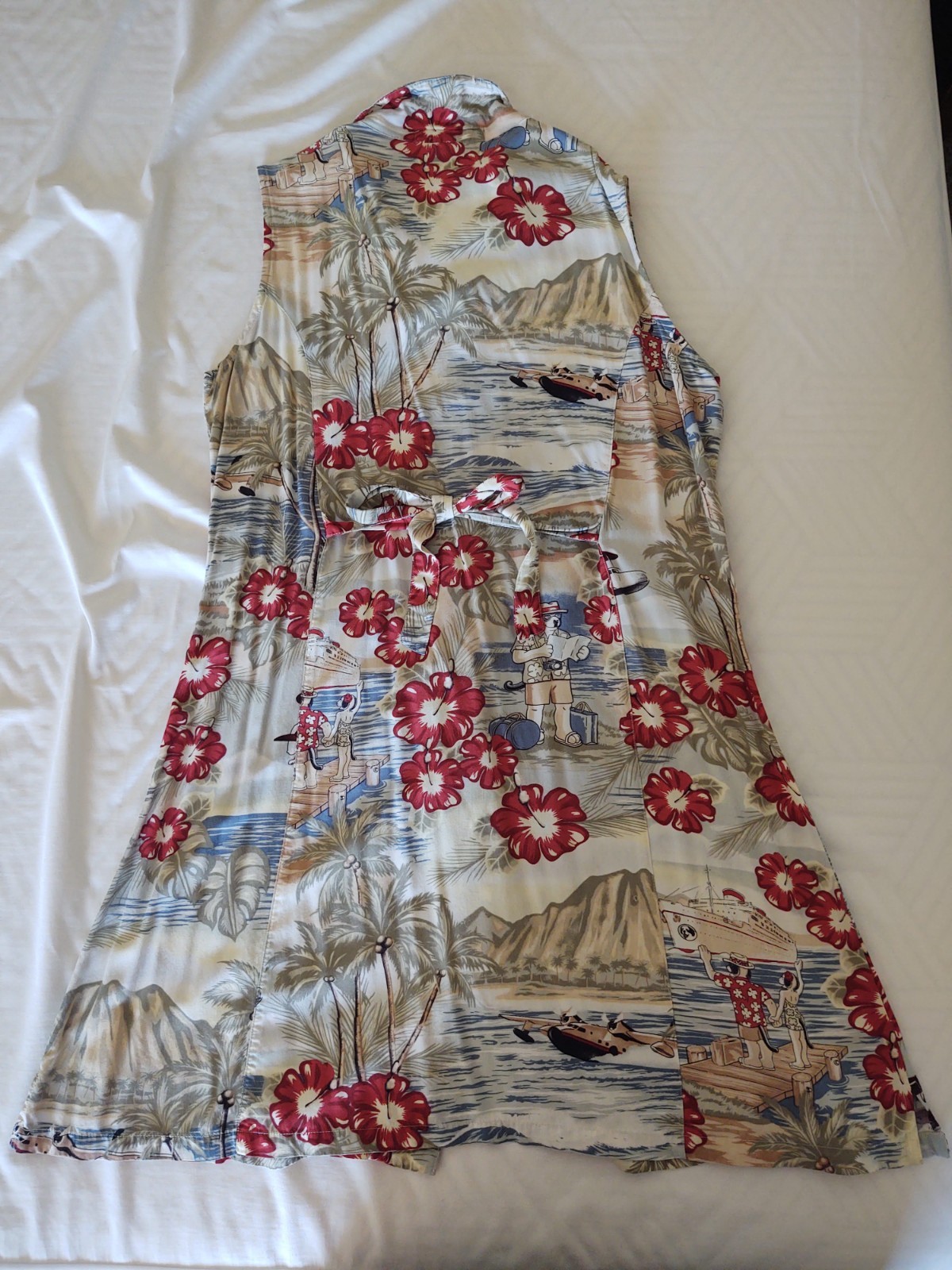 Vintage 1990’s Big Dogs Dress Button Front Tie-Back Floral & Travel Theme L