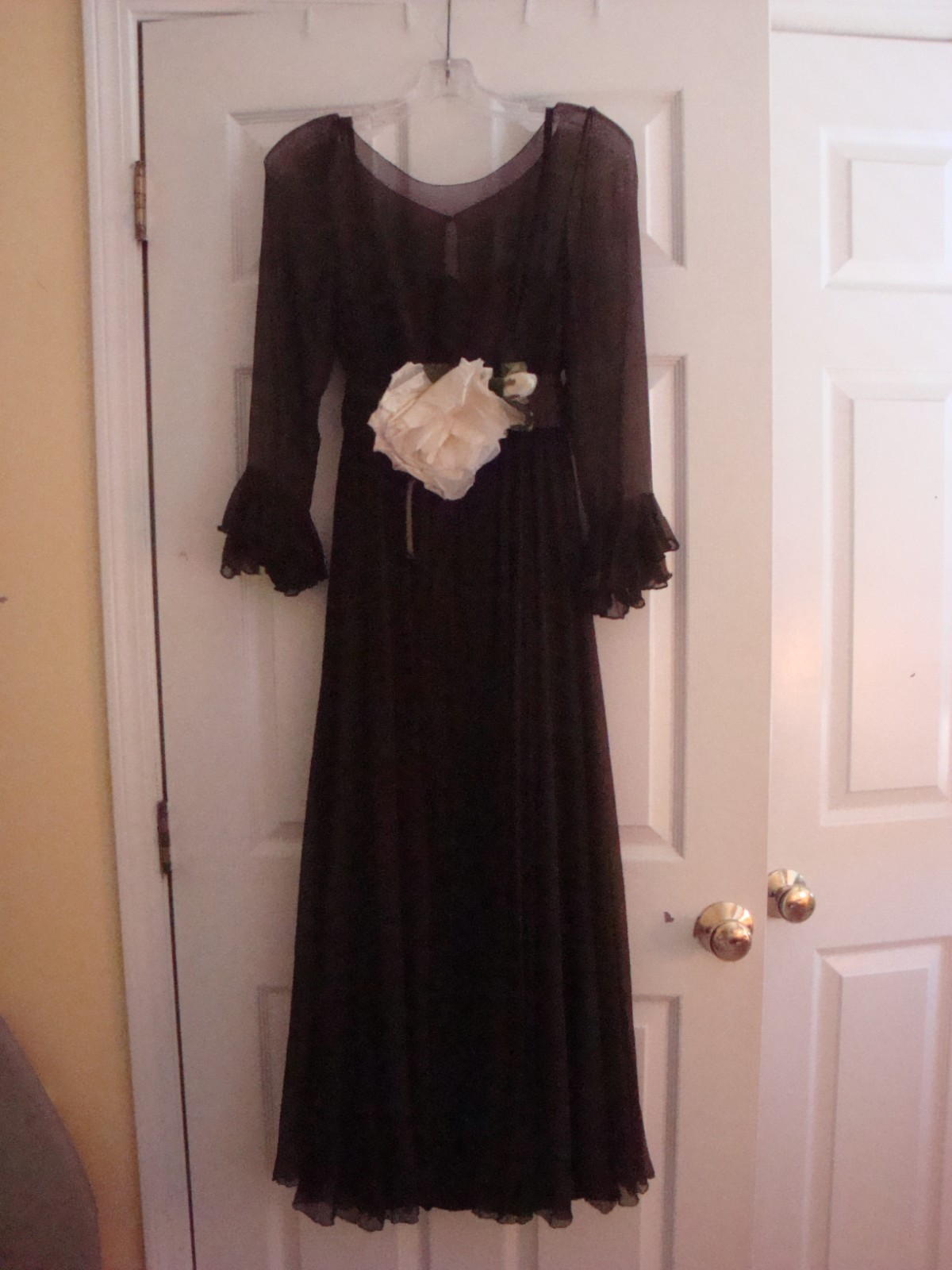 Vingtage 1960’s Brown Chiffon Maxi Dress with Cream Accent Removable Flower