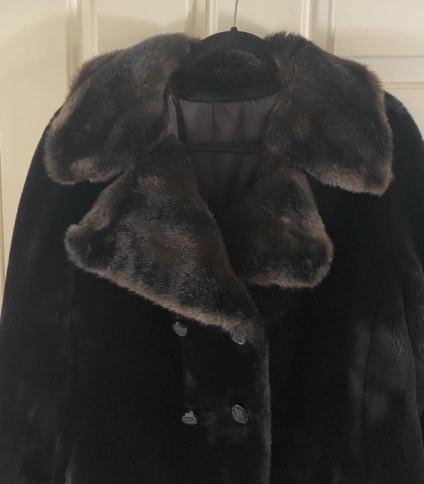 Vtg 60s Borgana Sportowne Black Faux Fur Coat ILGWU Union Double Breasted M/L