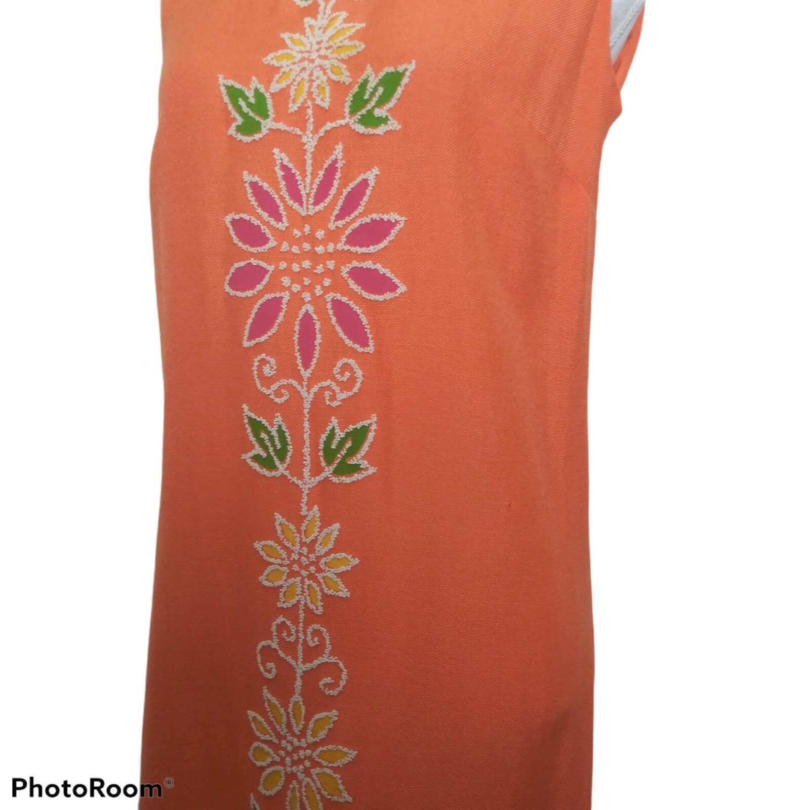 Vtg 60s Joe Daniels Orange Floral Shift Dress 36B 33W 36H Beaded Mod MCM