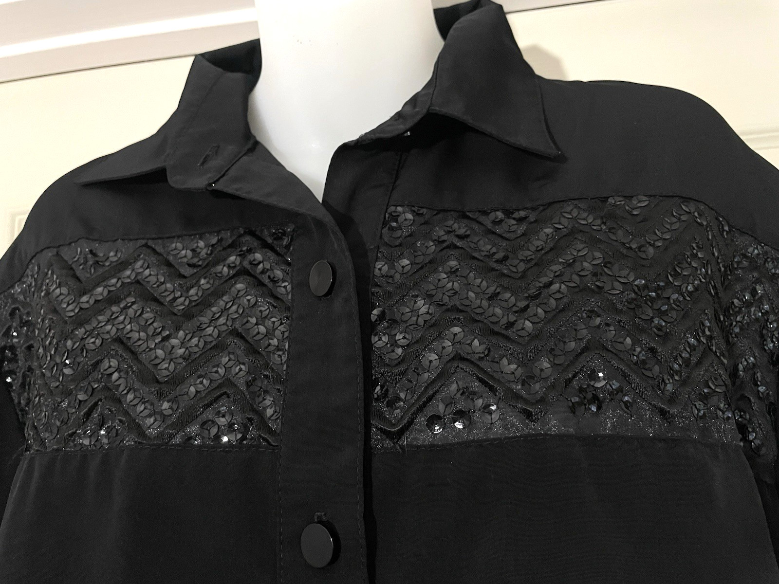 Vintage Rio Blouse Med Western Wear Black Button Embellished Short Sleeve Sequin