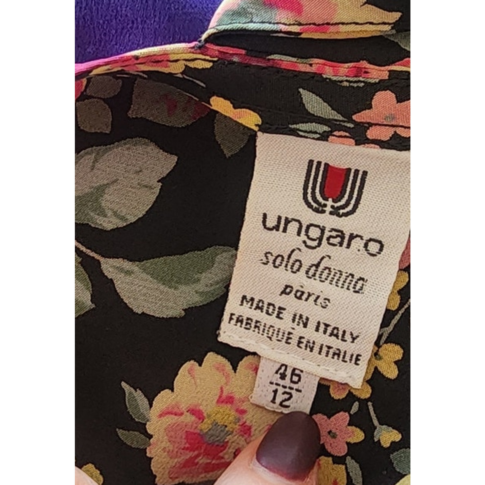Vintage 1980s UNGARO Silk Floral Print Dress Necktie Sash Button Down Front
