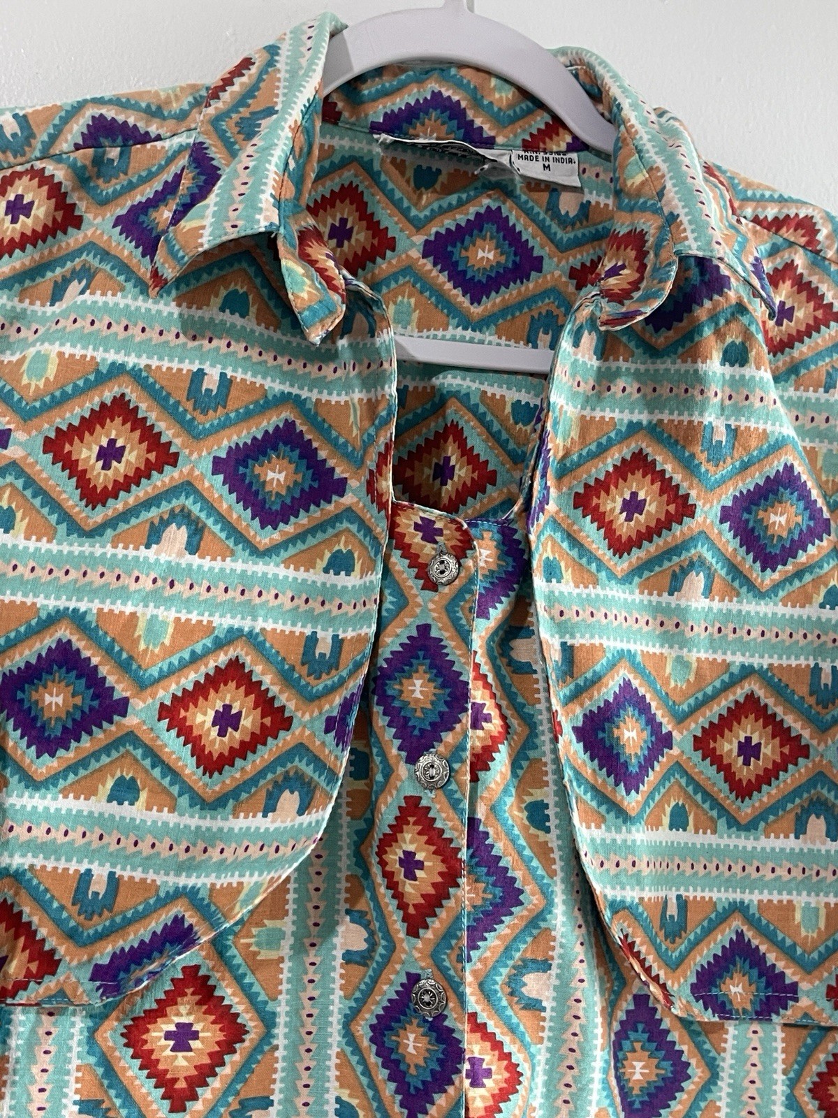 Vintage 90s Rodeo Western Wear Southwestern Aztec Shirt Womens M Concho Button
