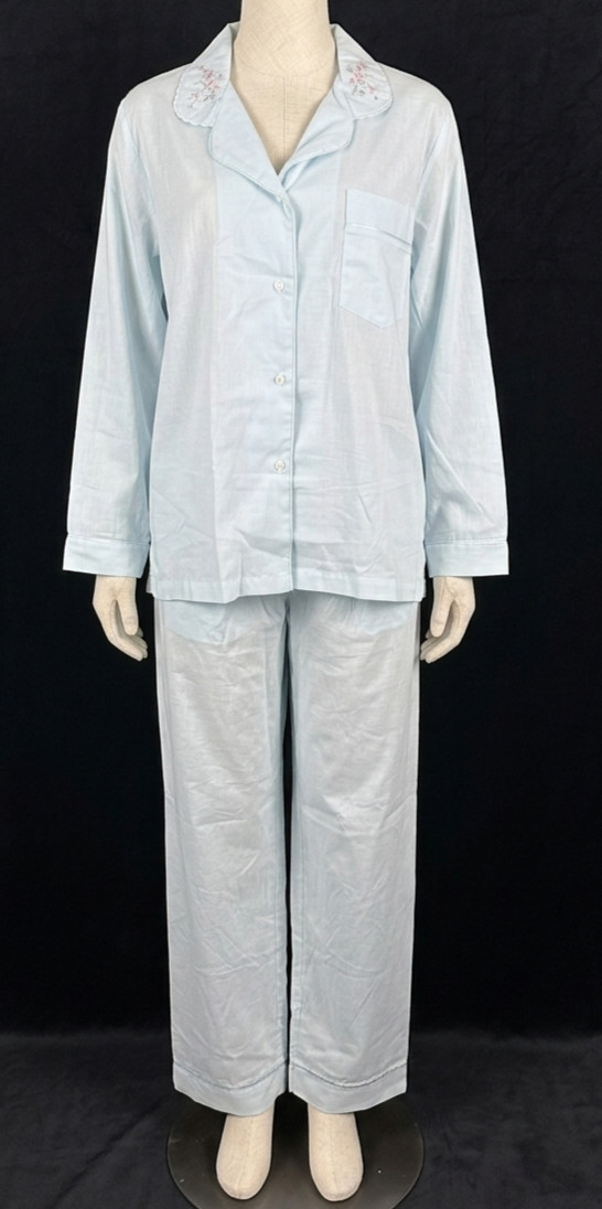 Carole Vintage Blue Floral Embroidery Long Sleeve Top & Pants Pajama Set Size S