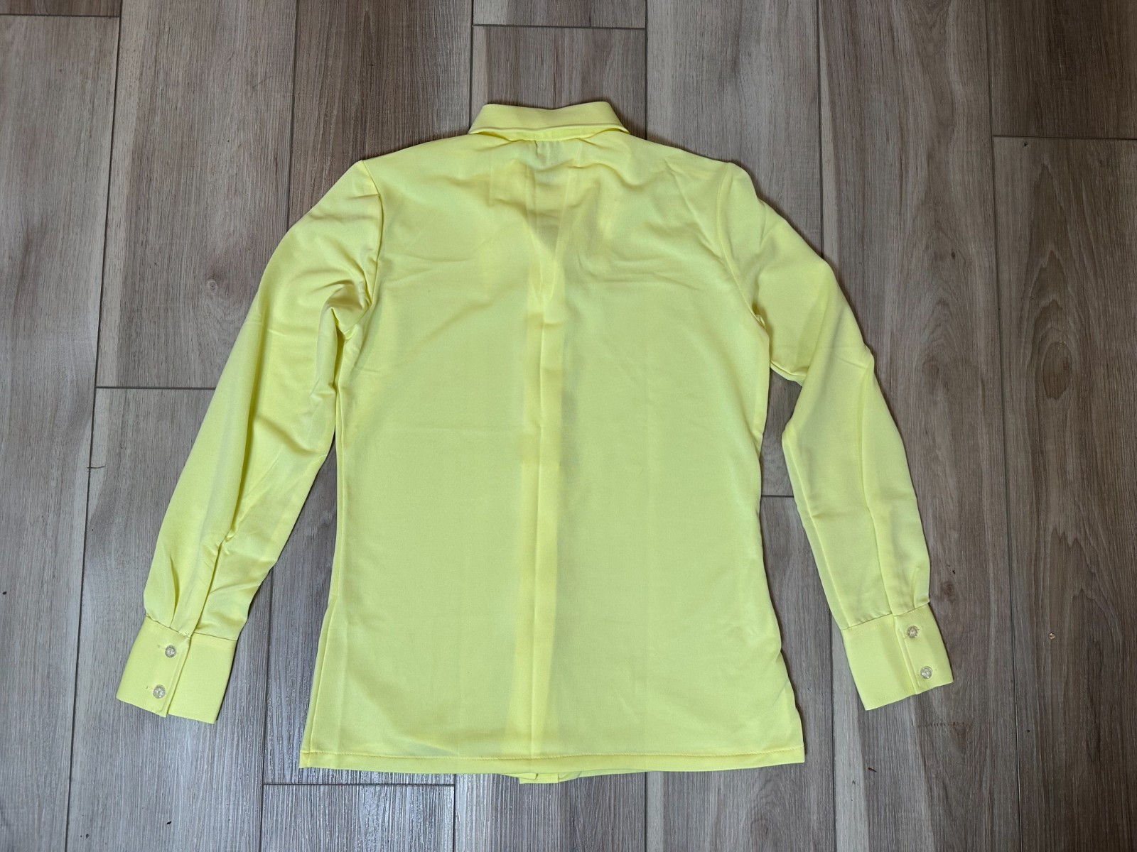 Vintage 70s Yellow Polyester Knit Disco Blouse Dagger Collar Hong Kong Sz 10