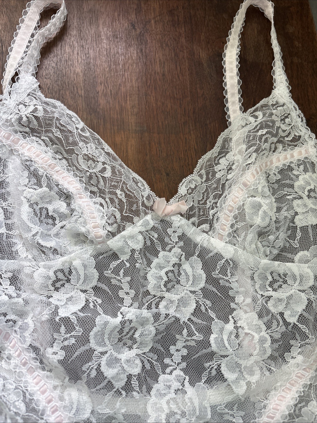 Vintage E. Bole White Lace High Cut Teddy Sheer Lace Pink Bow Ribbon Lingerie M