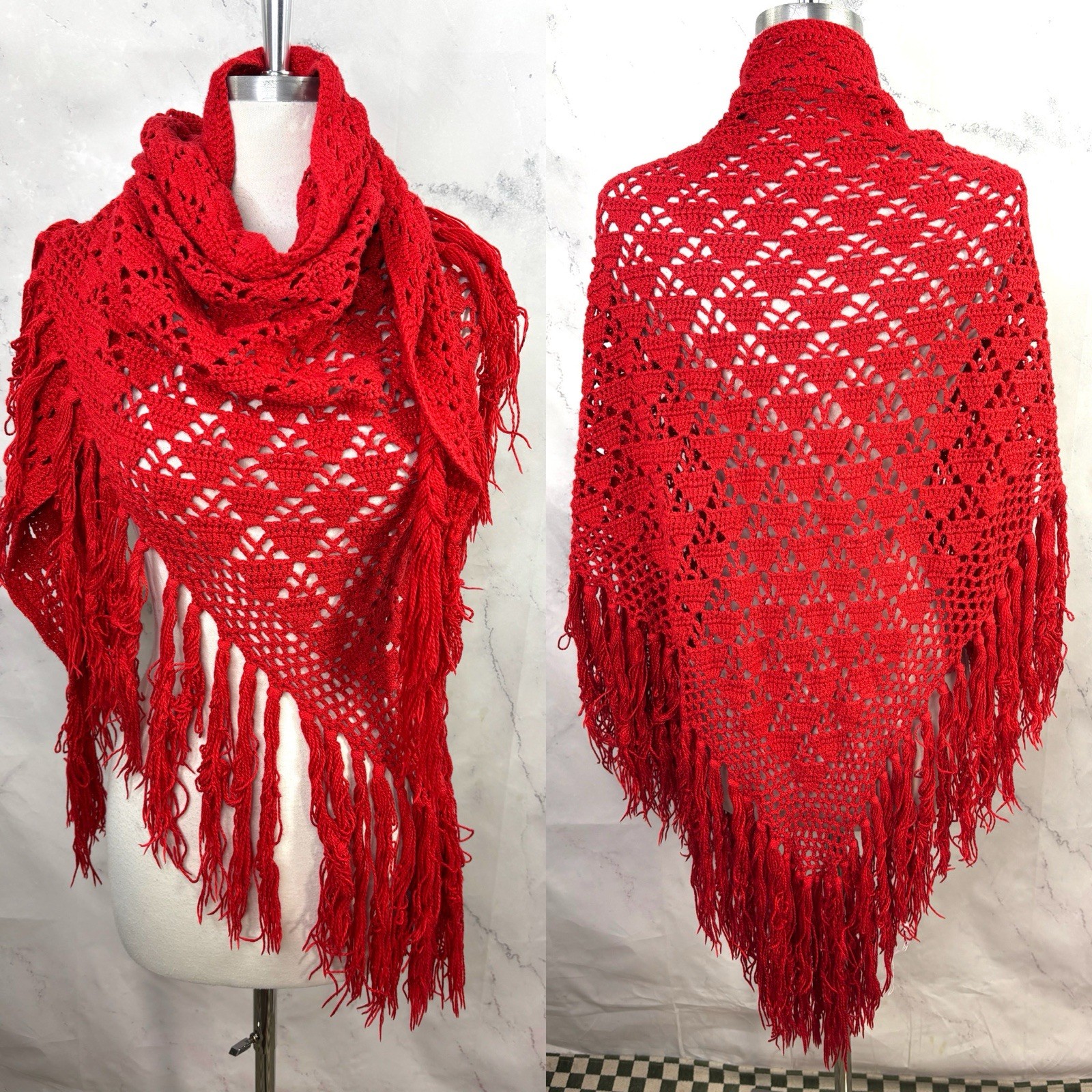 Vintage 70s Crochet Knit Shawl Red Cape Wrap cottagecore Boho Hippie Festival