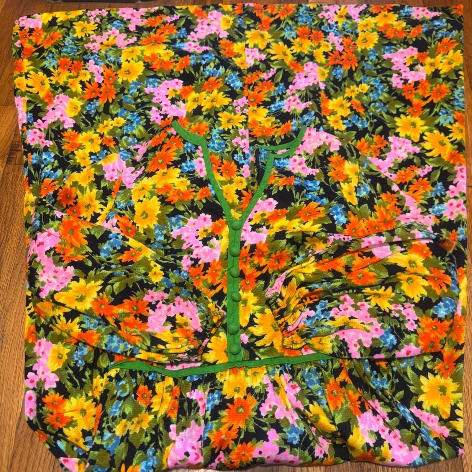 Vintage Tori Richard Honolulu Floral Barkcloth Maxi Dress Green Orange 70s Boho