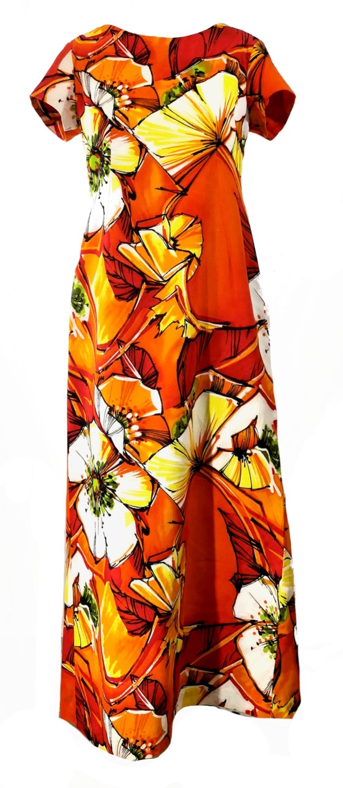 Vintage 70s Hookano Brand Hawaii Vivid Orange Train Maxi Dress M