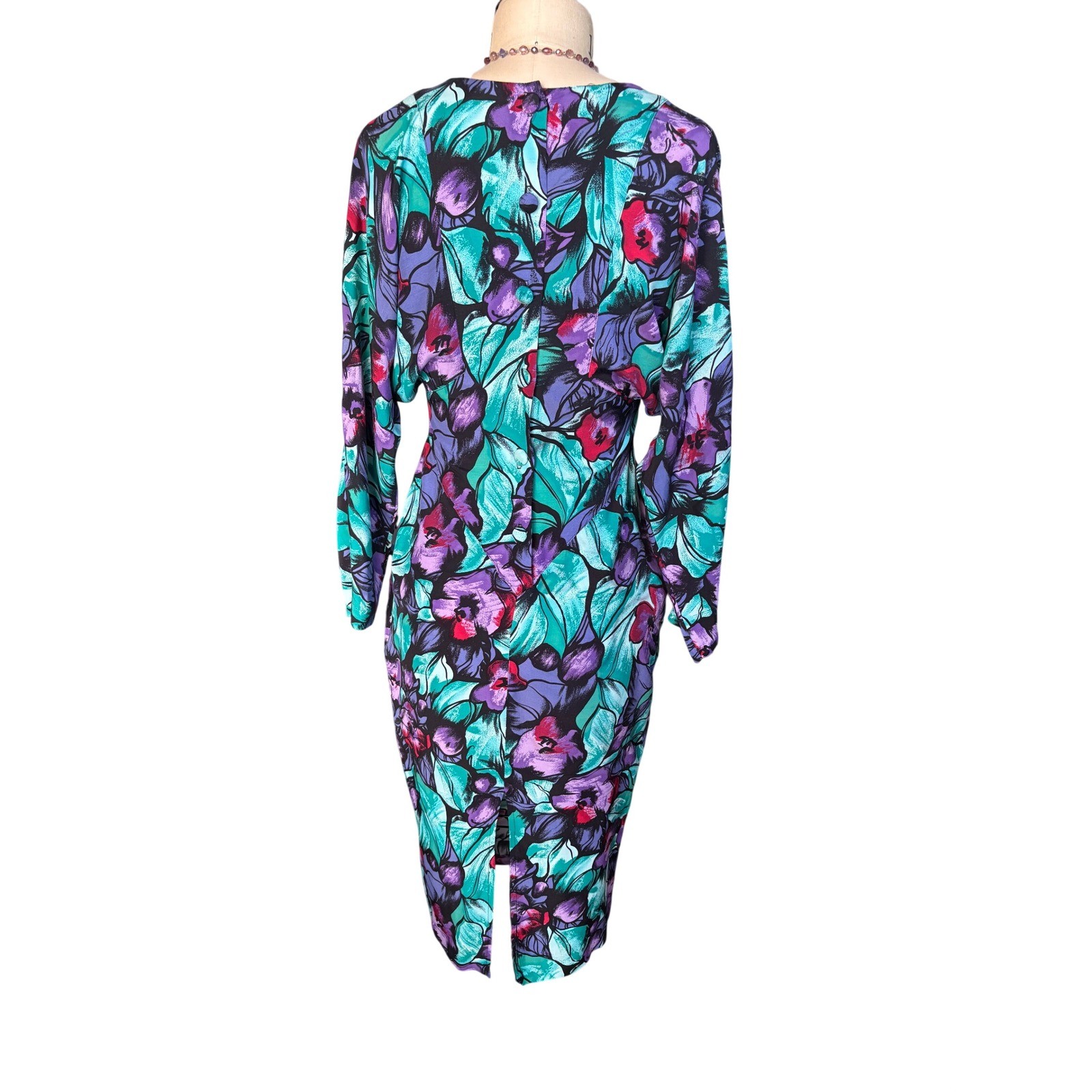 80s Floral Dolman Sleeve April Rain Dress M Teal Purple Multi Vintage