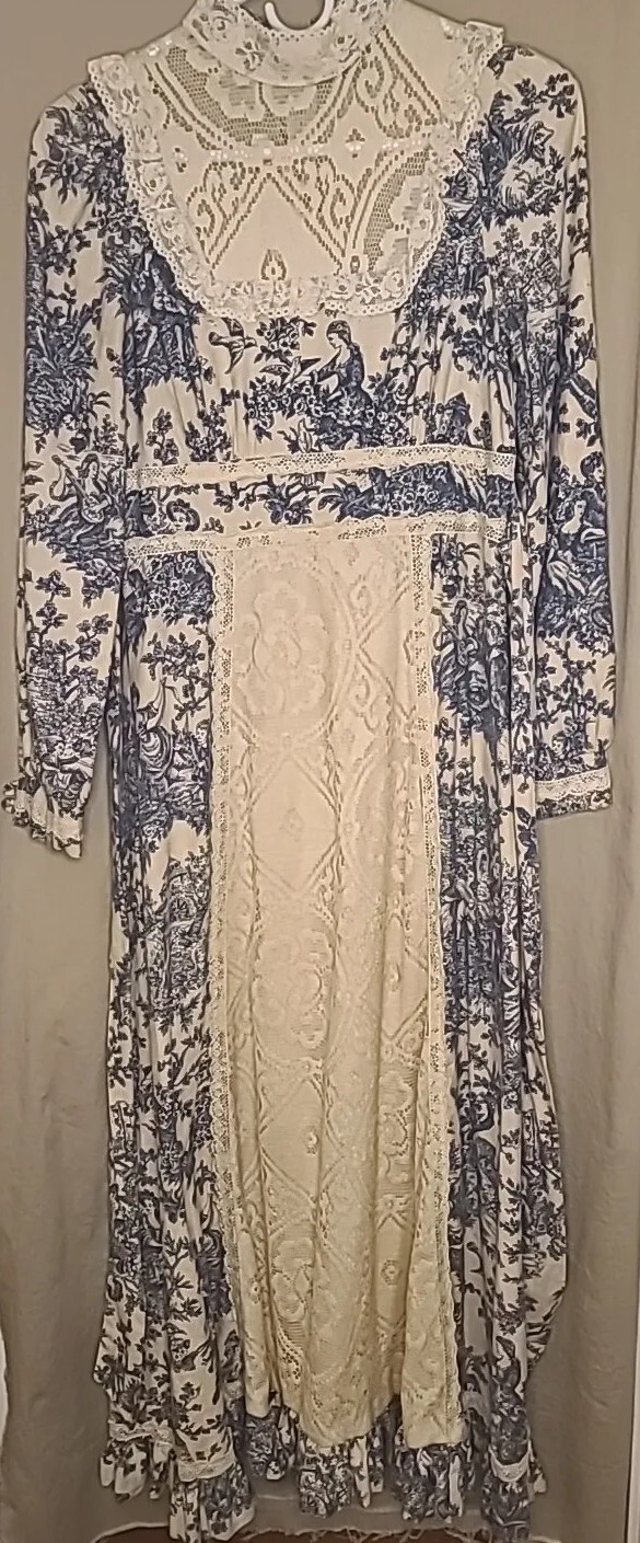Gunne Sax Jessica Mcclintock Toile De Jouy Prarie Dress Vtg 70s Sz 9 Blue Cream