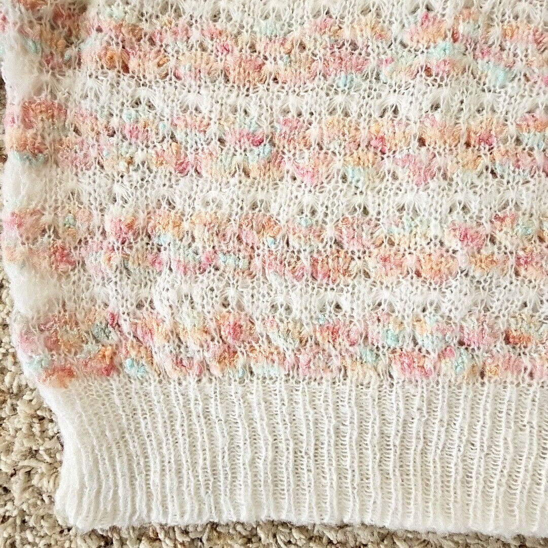 Vintage Womens Open Knit Sweater Large Feminine Coquette Pastels Puff Sleeves
