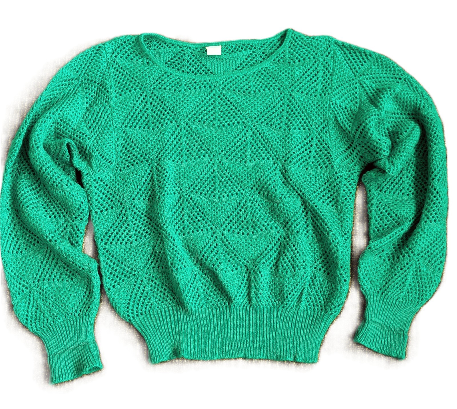 VTG Green S/M Green 2pc Set Skirt Eyelet Crochet Knit Sweater French Acrylic EUC