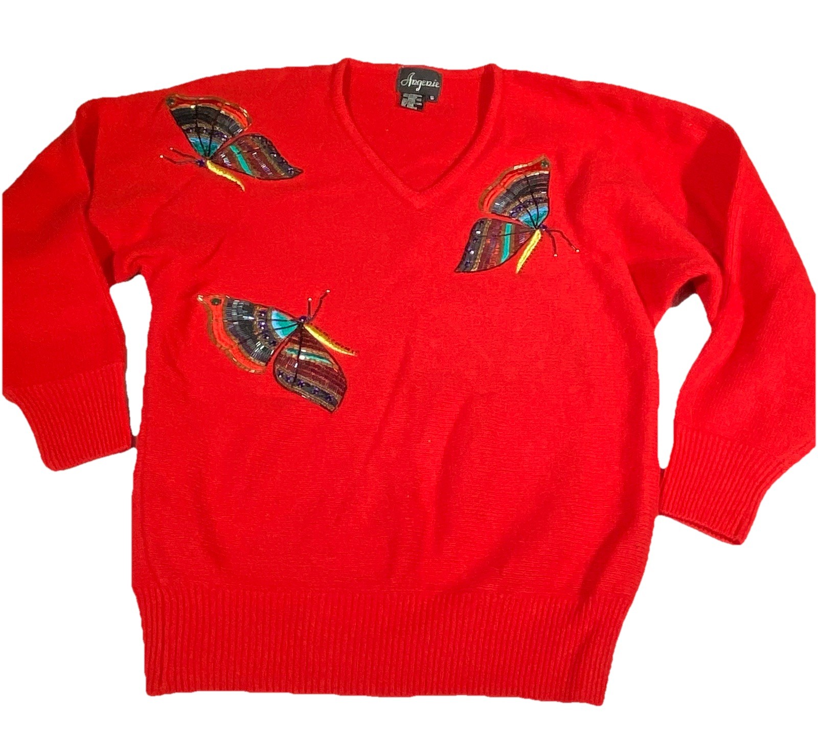 Vintage 80s 90s Angenie Sweater Women’s Small Red Wool/Angora Blend Butterflies