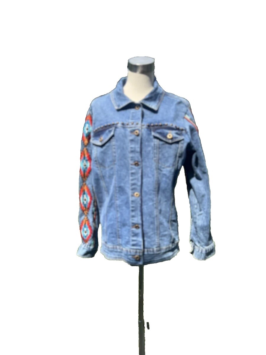Vintage Denim Jacket Southwest Aztec Flame Embroidered By Vintage Collection Lg