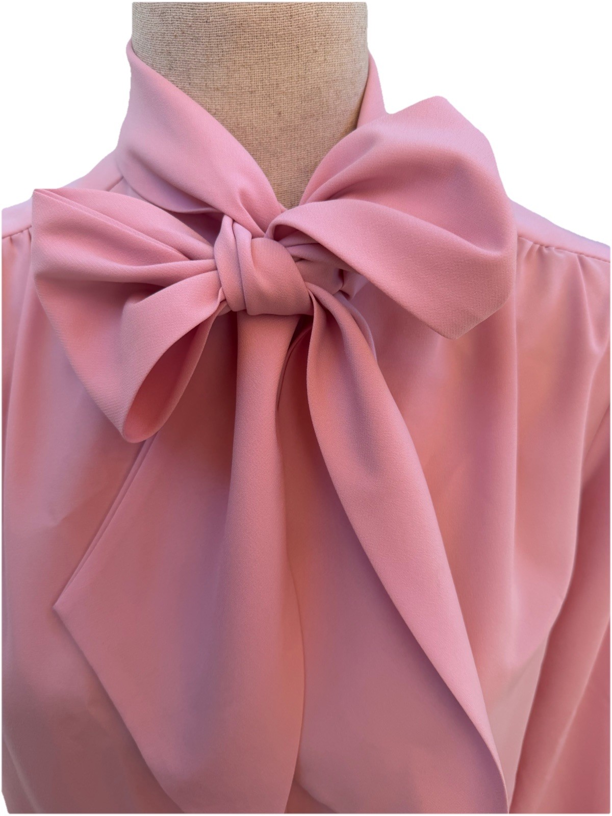 VTG 80’s LS Dusty Rose Pink Solid Tie-Collared Button Front Blouse