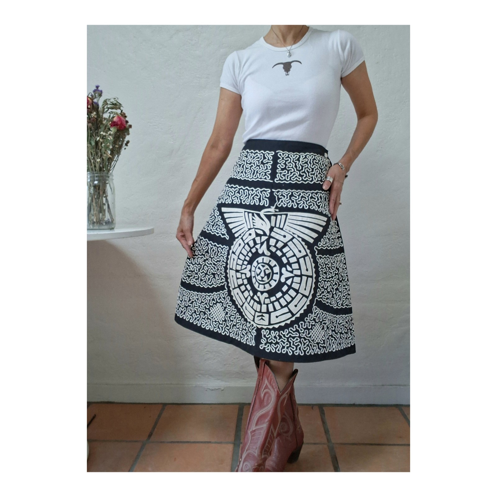 1950s Mexican Tourist Skirt Suede Applique Aztec Calendar Soutache Folk Art
