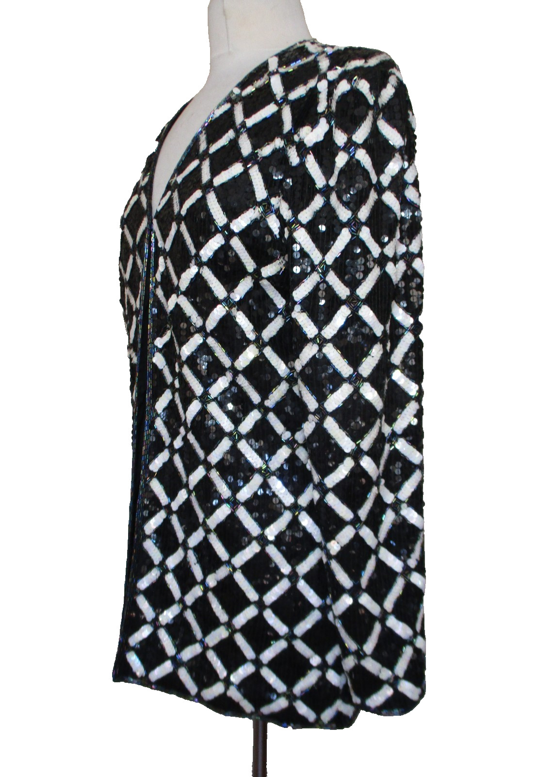 Vintage Joan Leslie Evenings Women’s Silk Sequin Jacket Black White Diamond M