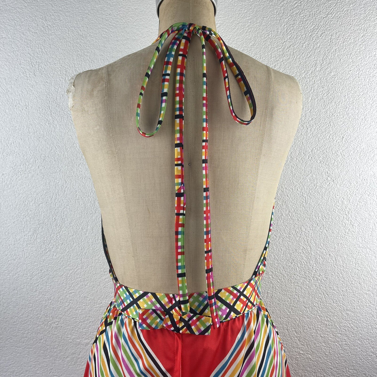 Vintage l 70s S Claire Larabee Colorful Rainbow Plaid Striped Halter Maxi Dress