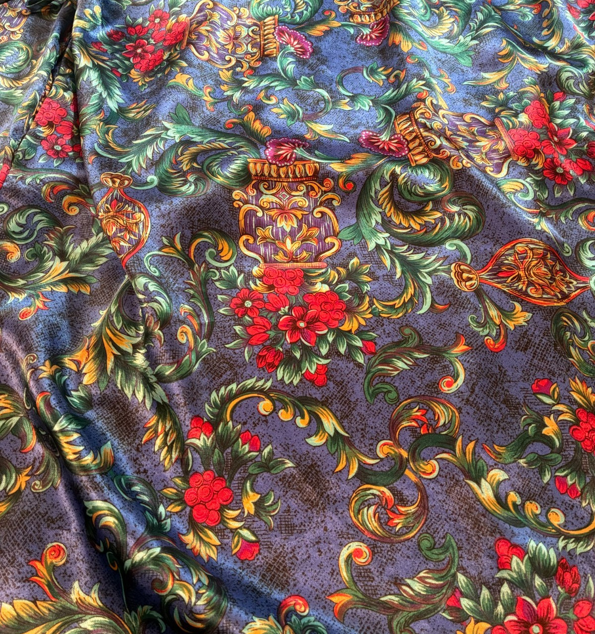 Vintage MARINE BLUE Long WRAP ROBE Medium VICTORIAN FLORAL Dressing Gown Kathryn
