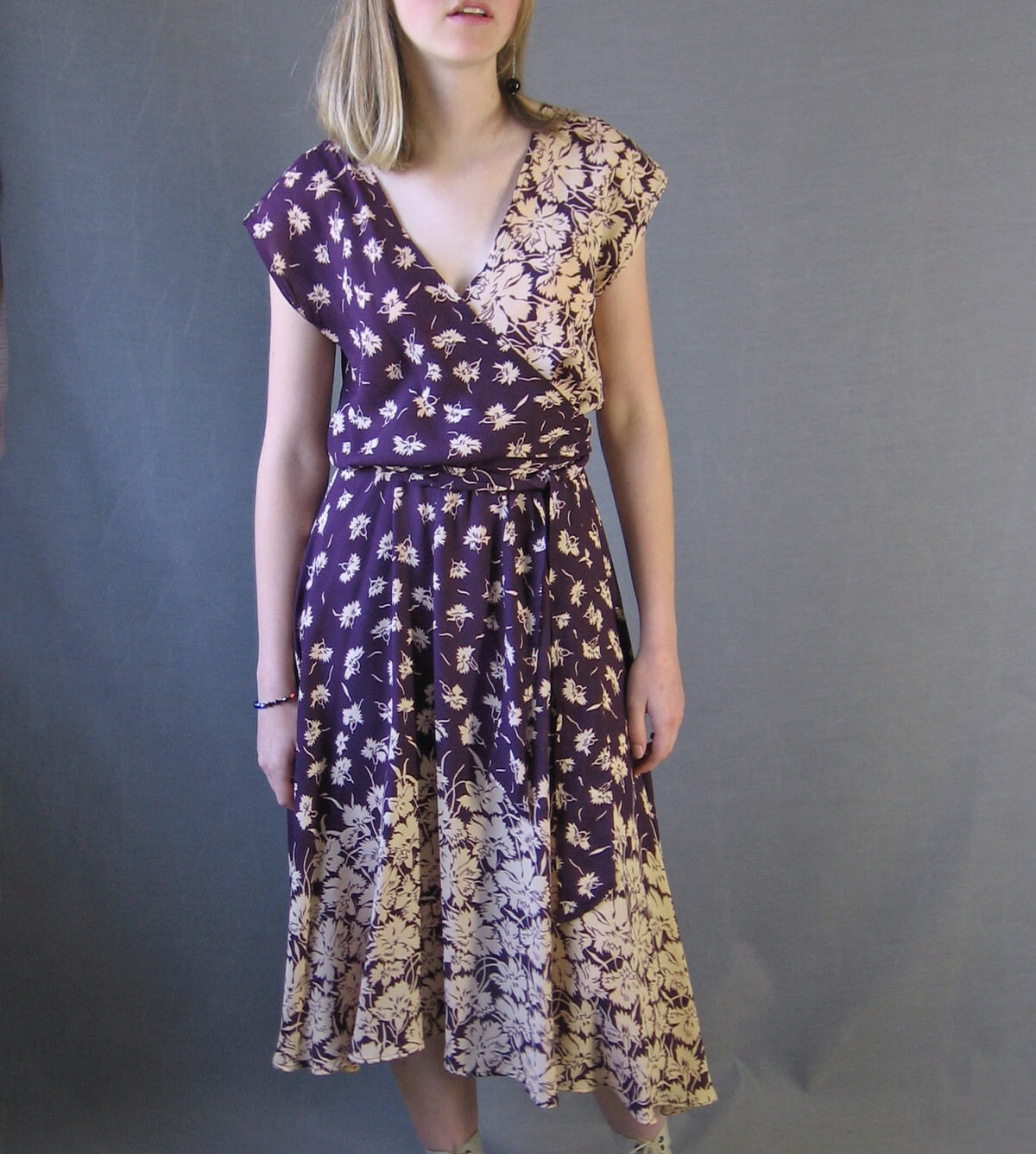 70s Vtg 30s Style Dress Garden Party Purple Romantic Floral Print Wrapped Bodice